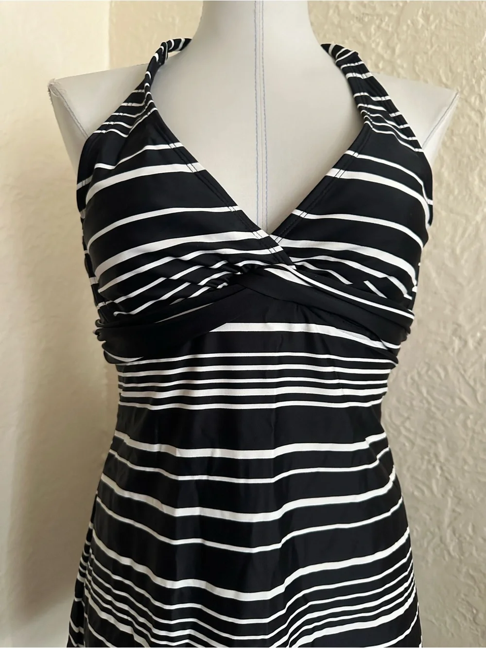 Athleta Encitas Tara Black White Stripes Halter Swim Dress